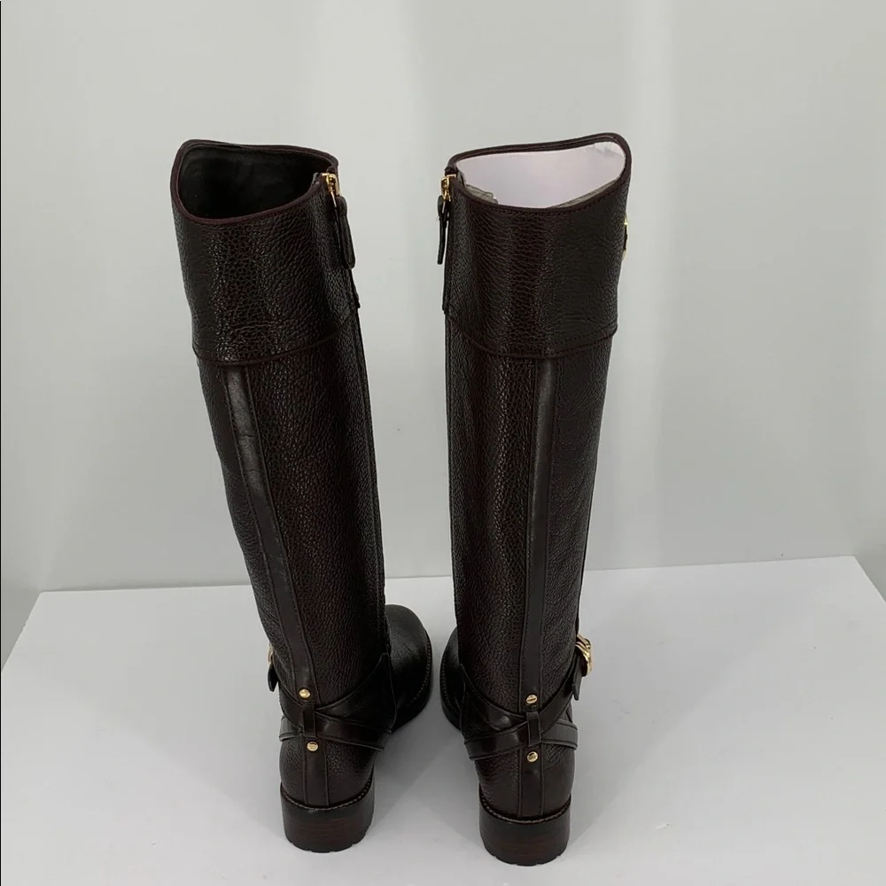 Tory Burch Teresa riding tall boots coconut brown leather zipper logo new 7